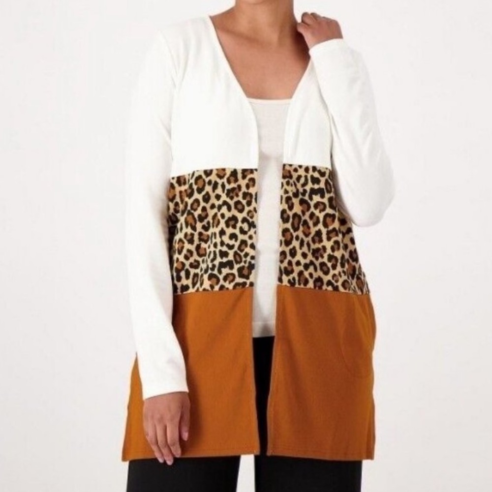 Belle by Kim Gravel Brushed Knit Animal Print Colorblock Duster Cardigan Sweater